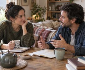 Pareja conversa junto a unos cuadernos en casa