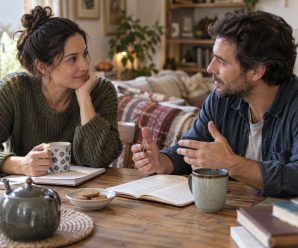 Pareja conversa junto a unos cuadernos en casa