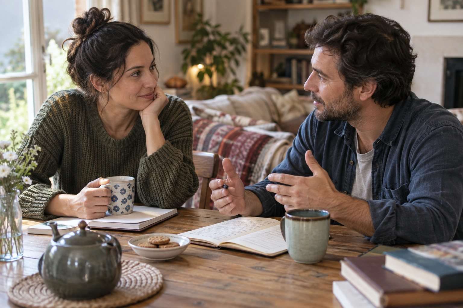 Qué decir a tu pareja cuando quiere volver a estudiar — Imagen 1 Pareja conversa junto a unos cuadernos en casa