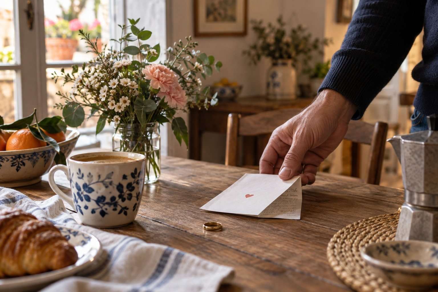 Una mano recoge una nota de amor junto a una taza y flores en una mesa de desayuno.