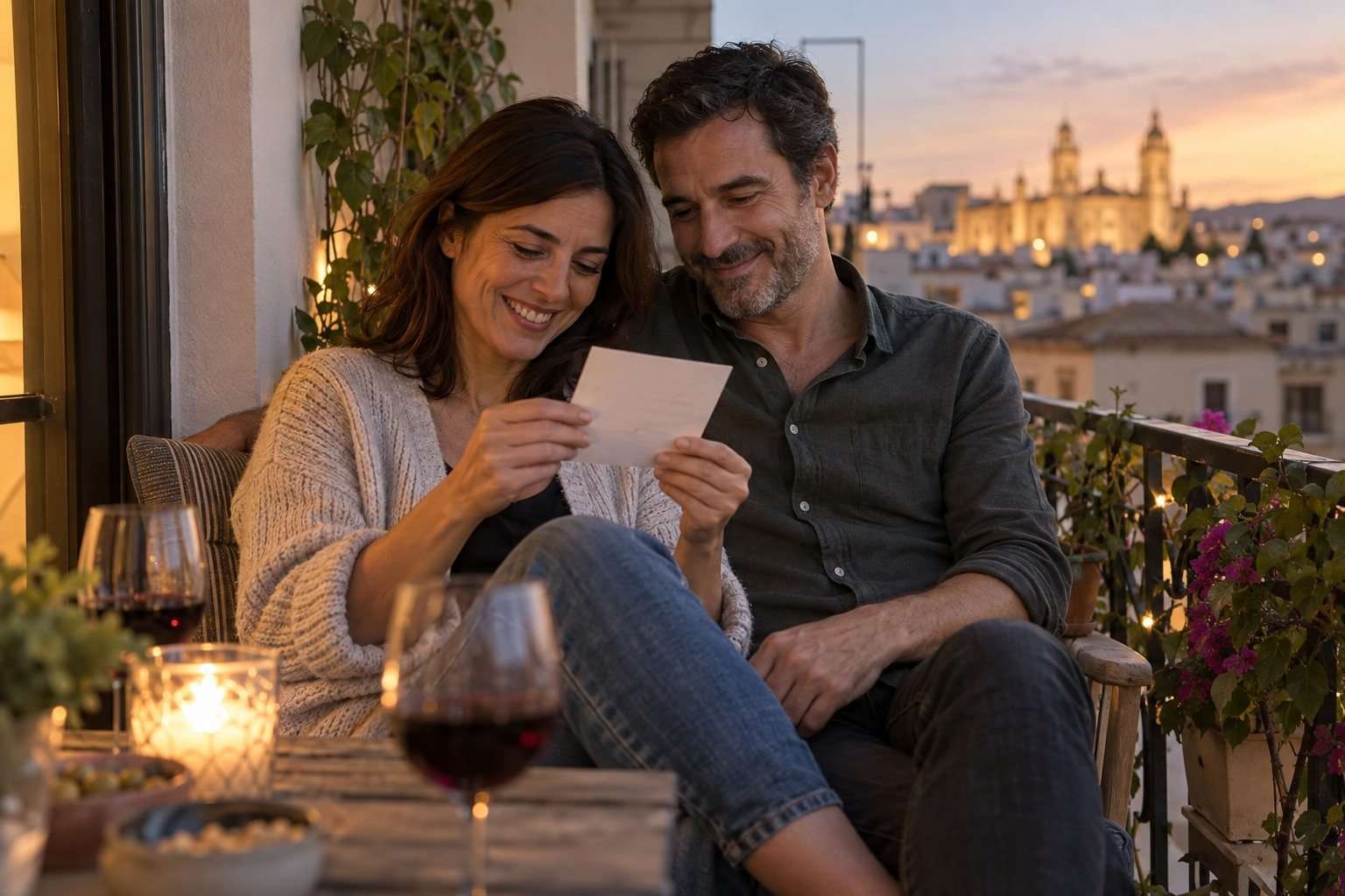 Una pareja lee una nota personal en un balcón al atardecer.